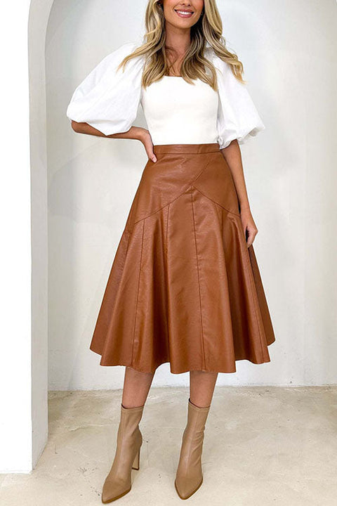 Rebadress High Waist Faux Leather A-line Flare Midi Skirt