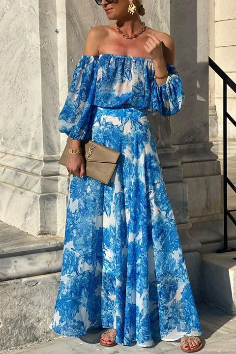 Rebadress Off Shoulder Lantern Sleeves Printed Flowy Maxi Dress