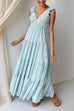 Rebadress V Neck Ruffle Trim Tiered Sleeveless Linen Maxi Dress