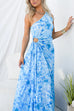 One Shoulder Drawstring Cut Out Pleated Swing Maxi Print Dress