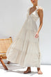 Rebadress V Neck Ruffle Trim Tiered Sleeveless Linen Maxi Dress