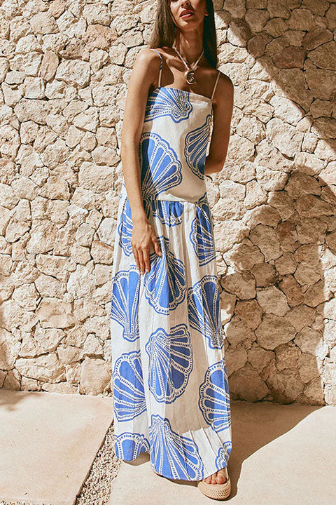 Spaghetti Strap Ruffle Seashell Print Maxi Dress