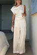 Asymmetric Shoulder Pullover Top and Elastic Waist Wide Leg Pants Set