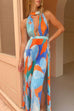 Deep V Neck Halter Backless Printed Maxi Pleated Dress