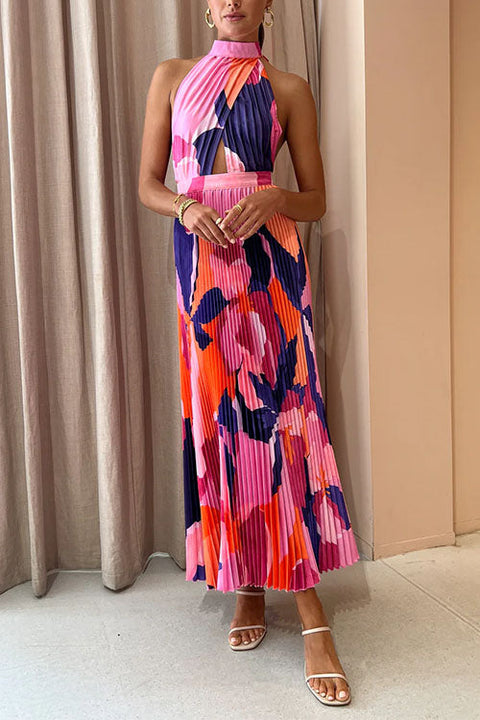 Rebadress Halter Backless Cut Out Printed Maxi Pleated Dress