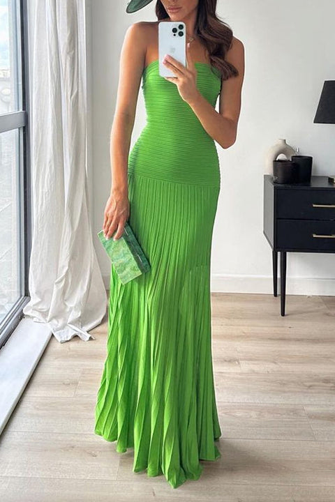 Rebadress Strapless Tube Pleated Maxi Knit Dress