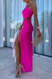 Rebadress One Shoulder Sleeveless Cut Out Waist High Slit Maxi Dress