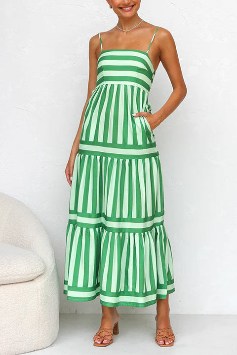 Rebadress Spaghetti Strap Tiered Color Block Striped Maxi Dress