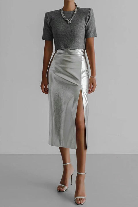 Rebadress High Waist Slit Front Faux Leather Midi Skirt