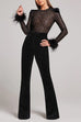 Rebadress Feather Cuffs Bell Bottom Velvet Splice Jumpsuit