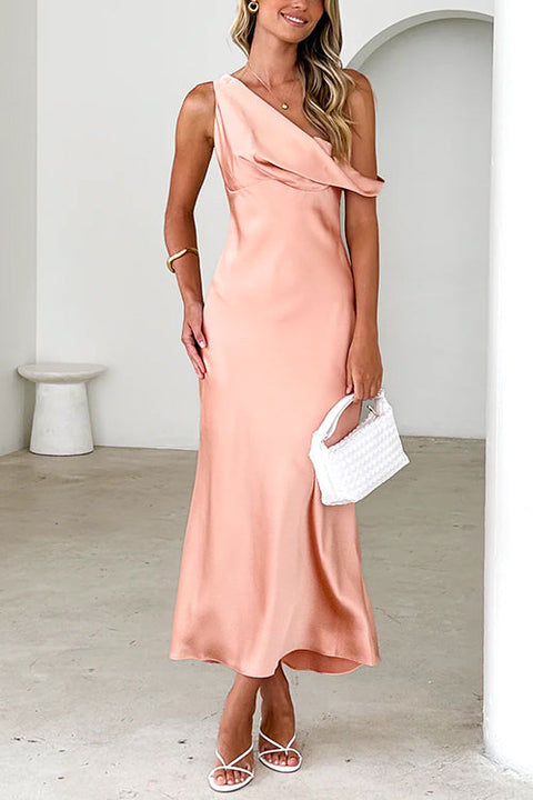 One Shoulder Solid Midi Party Dress