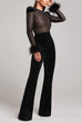 Rebadress Feather Cuffs Bell Bottom Velvet Splice Jumpsuit