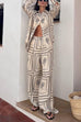 Rebadress Cactus Print Lapel Long Sleeves Shirt Elastic Waist Wide Leg Pants Set