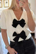 Rebadress V Neck Short Sleeves Bow Knot Knit Top