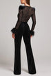 Rebadress Feather Cuffs Bell Bottom Velvet Splice Jumpsuit