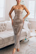 Rebadress Strapless Back Slit Rhinestone Bodycon Maxi Party Dress