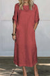 Rebadress Rolled Up Sleeves Pocketed Cotton Linen Maxi Shift Dress