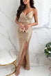 Rebadress Spaghetti Strap V Neck High Slit Sequin Maxi Party Dress