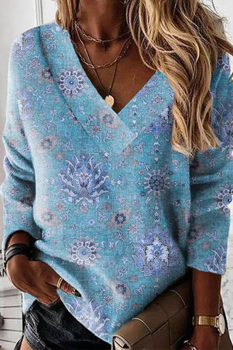 Rebadress V Neck Long Sleeves Unique Print Top