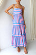 Rebadress Spaghetti Strap Ruffle Tiered Color Block Striped Maxi Dress