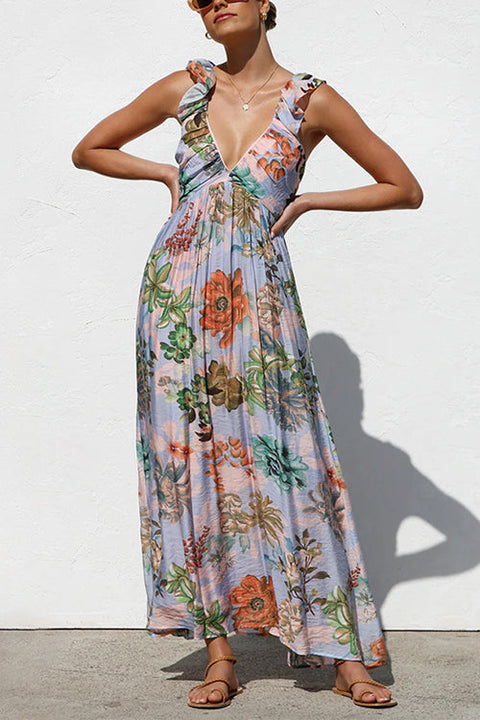 Rebadress Sleeveless V Neck Floral Print Maxi Holiday Dress