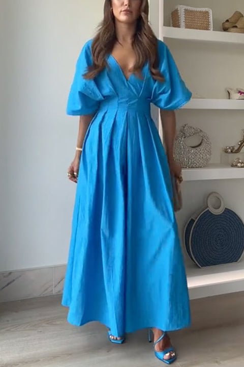 Elegant V Neck High Waist Ruched Swing Maxi Dress