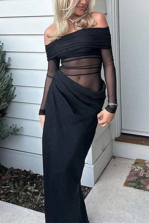 Rebadress Off Shoulder Long Sleeves Mesh Splice Maxi Dress