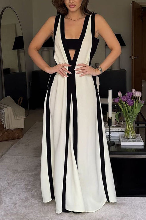 Rebadress Deep V Neck Sleeveless Color Block Maxi Swing Dress