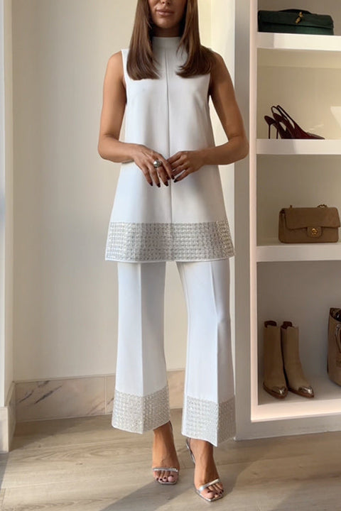 Mockneck Sleeveless Splice Top and Wide Leg Pants Set