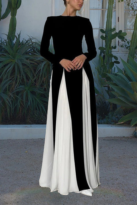 Rebadress Long Sleeves Color Block Swing Maxi Dress