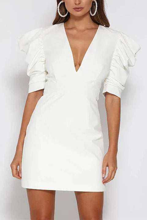 Rebadress V Neck Backless Ruched Puff Sleeves Mini Dress