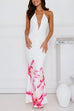 Rebadress Halter V Neck Backless Ruched Flower Print Maxi Dress