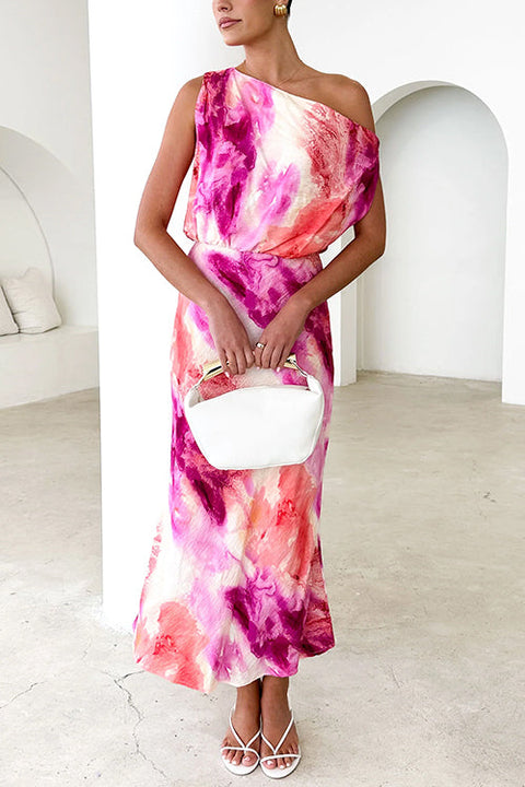 One Shoulder Waisted Tie Dye Maxi Vacation Dress