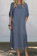Rebadress Rolled Up Sleeves Pocketed Cotton Linen Maxi Shift Dress