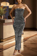 Rebadress Strapless Back Slit Rhinestone Bodycon Maxi Party Dress