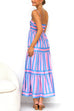 Rebadress Spaghetti Strap Ruffle Tiered Color Block Striped Maxi Dress