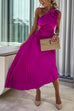 Rebadress 3D Rose One Shoulder Cut Out Waist Asymmetric Hem Pleated Maxi Dress