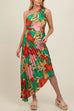 Rebadress One Shoulder Cut Out Asymmetric Hem Floral Print Pleated Maxi Dress