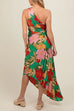 Rebadress One Shoulder Cut Out Asymmetric Hem Floral Print Pleated Maxi Dress