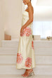 Strapless Scooped Cowl Back Rose Print Maxi Dress