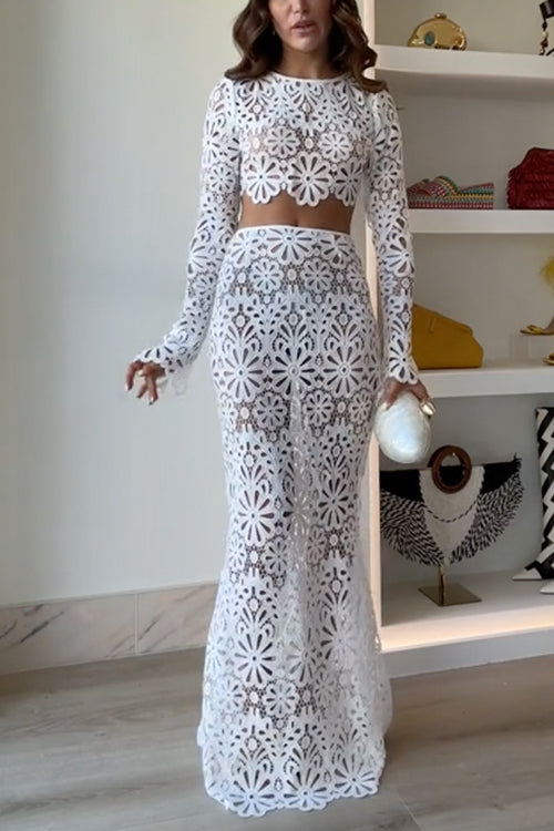 Rebadress Crochet Lace Cover-up Crop Top and Maxi Skirt Vacation Set