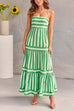 Rebadress Spaghetti Strap Ruffle Tiered Color Block Striped Maxi Dress