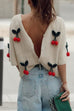 Rebadress Short Sleeves Button Up Cherry Decorative Knit Sweater