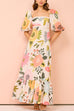 Rebadress Square Collar Puff Sleeves Floral Print Cotton Linen Ruffle Maxi Dress