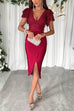 Rebadress V Neck Ruffle Sleeves Slit Sequin Midi Party Dress