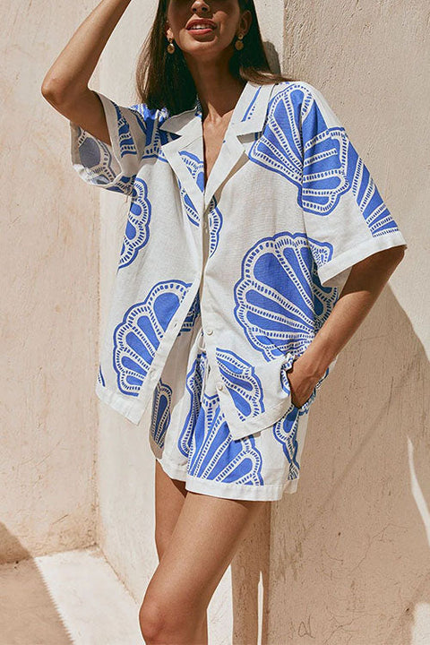 Rebadress V Neck Short Sleeves Shirt and Drawstring Waist Shorts Seashell Print Set