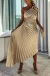 Rebadress 3D Rose One Shoulder Cut Out Waist Asymmetric Hem Pleated Maxi Dress