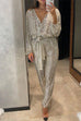 Rebadress Wrap V Neck Tie Waist Sequin Jumpsuit