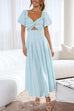 Rebadress V Neck Twist Front Puff Sleeves Cut Out Maxi Dress