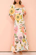 Rebadress Square Collar Puff Sleeves Floral Print Cotton Linen Ruffle Maxi Dress